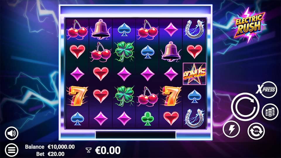 Main game screen with neon fruit symbols, classic sevens, clovers and Bonus symbols on 5 reels.