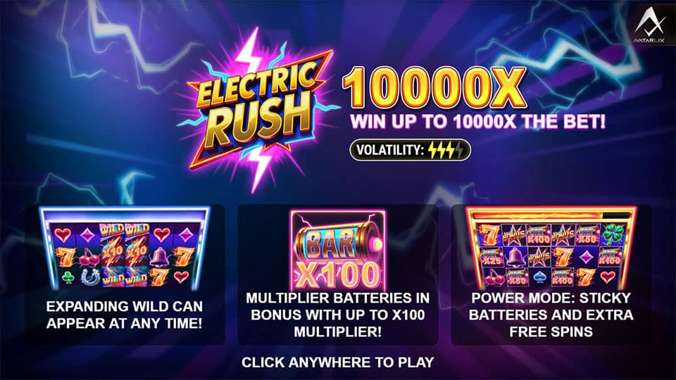 Intro screen highlighting Expanding Wilds, Multiplier Batteries and Power Mode with sticky features.