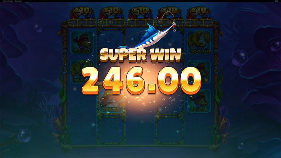 Super Win message glowing above a hooked swordfish with multiplier bars at the top of the reels.