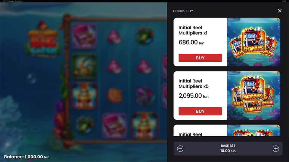 Bonus Buy menu offering options with different reel multipliers and initial setup variations.