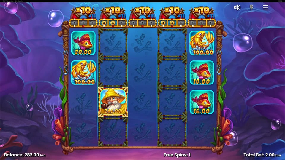 Fisherman symbol lands with fish values on screen and multipliers tracking above the reels.