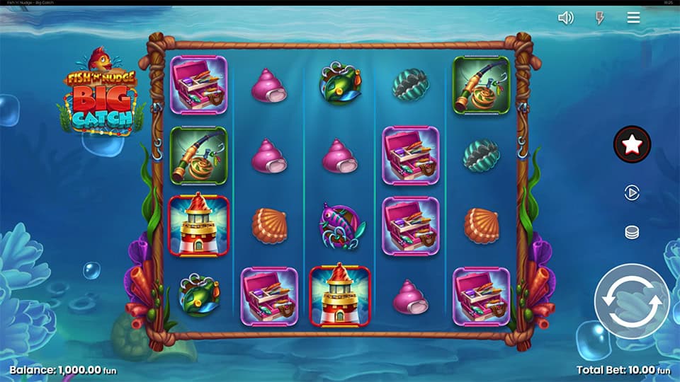 Slot grid with treasure chests, seashells, fishing gear and underwater-themed symbols.