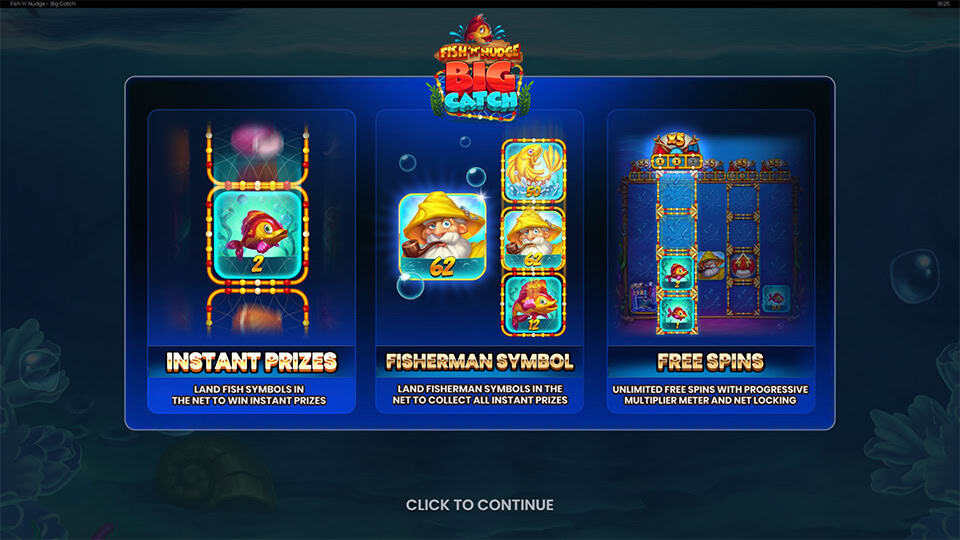Intro screen explaining instant prizes, the fisherman collector and unlimited free spins with multipliers.