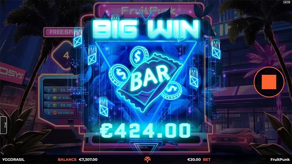 Big Win display with a neon triangle, glowing BAR symbol and animated blue dollar signs.