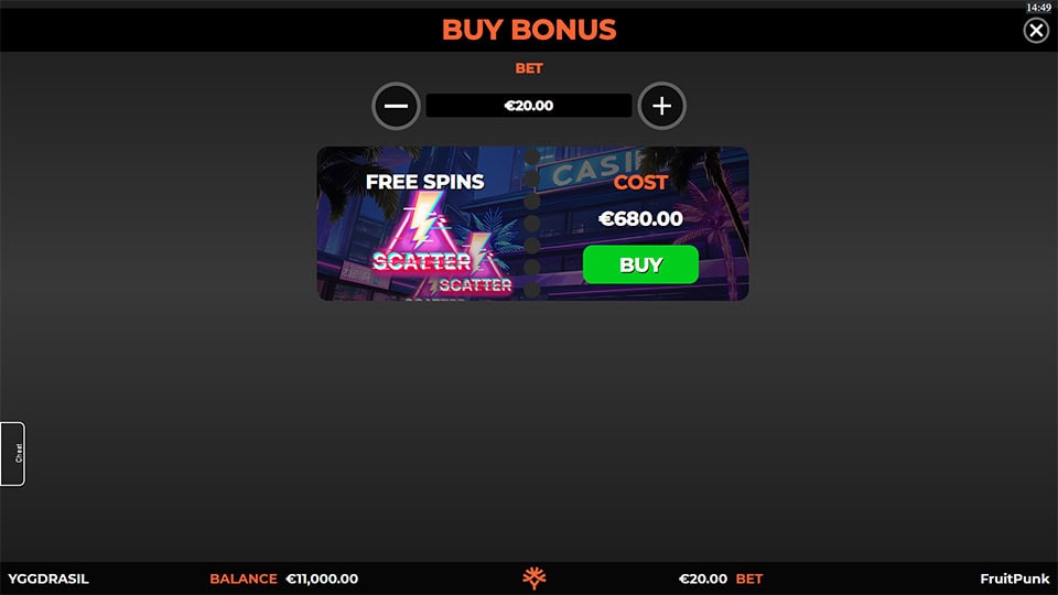 Buy bonus screen with adjustable bet and free spins activation using three scatter symbols.