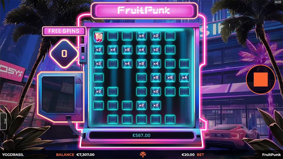 Highlighted grid with revealed multiplier values up to x8 in various cells, neon-lit in blue and pink.