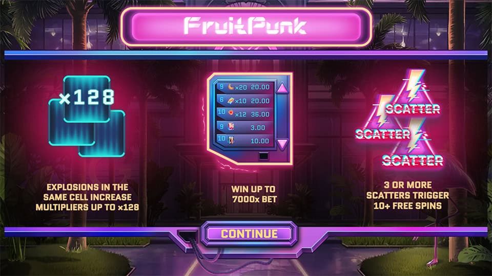 Intro screen showing multiplier features, payout symbols and free spins trigger with three or more scatters.