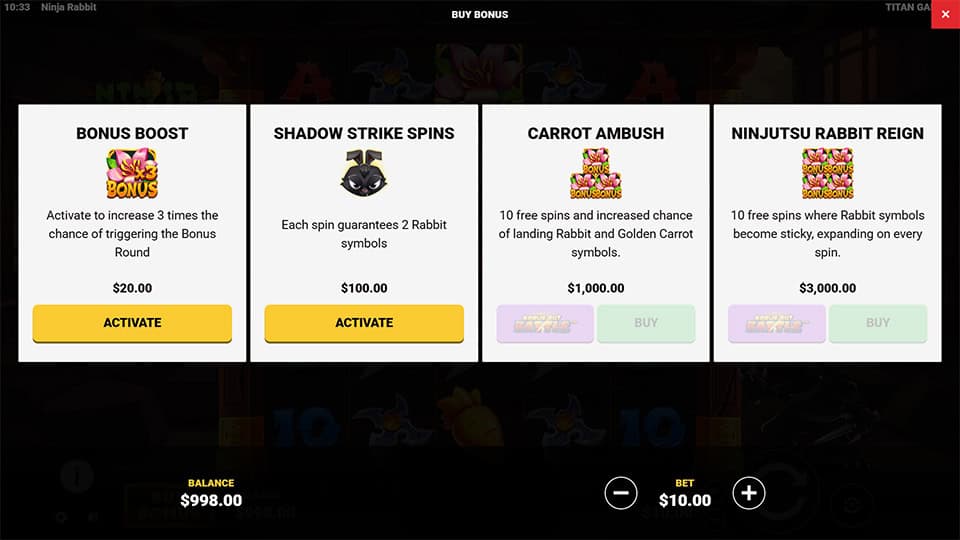 Bonus buy menu with four feature choices including Carrot Ambush and Ninjutsu Rabbit Reign.