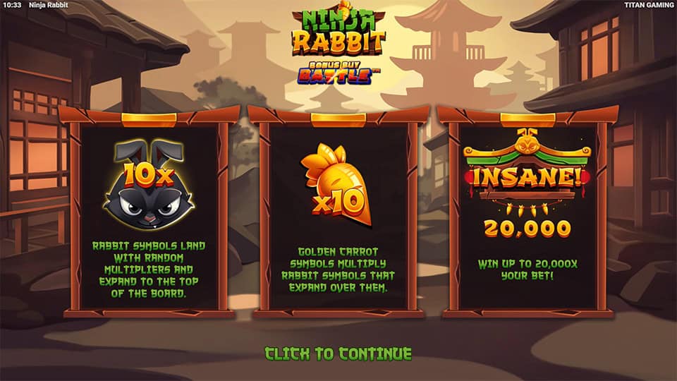 Intro screen showing ninja rabbits with multipliers, golden carrots and 20,000x win potential.