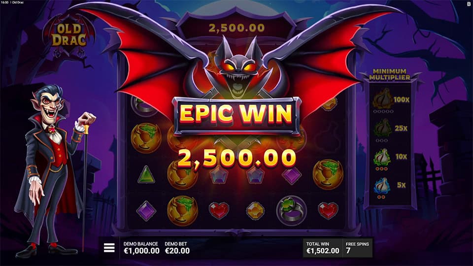 Large bat with outstretched wings above “EPIC WIN” banner and winning amount.
