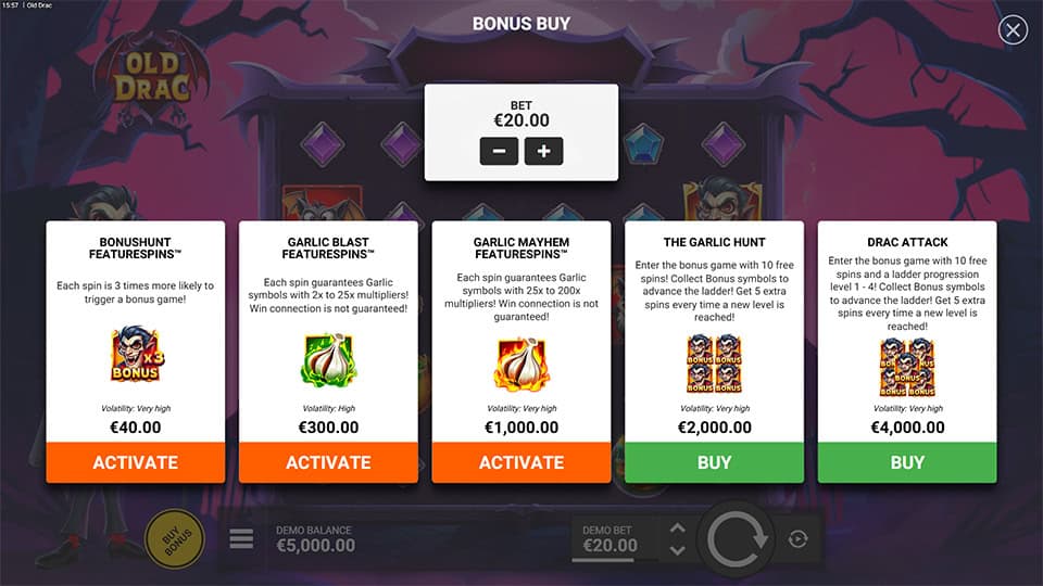 Bonus buy menu with multiple feature spins including garlic boosts and free spin ladders.