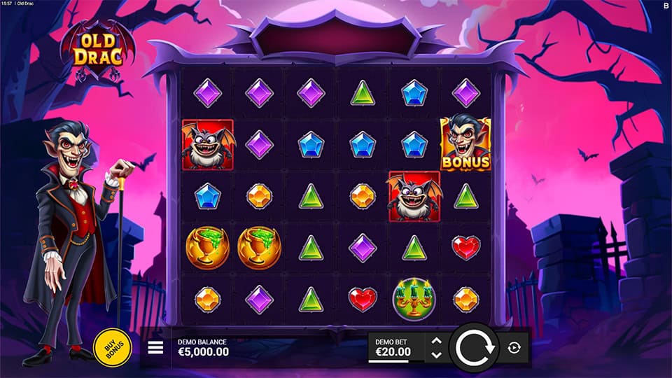Game grid with vampire, gargoyle, gems and bonus symbols on a spooky graveyard backdrop.