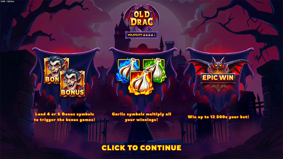 Intro screen showing bonus symbols, garlic multipliers and win potential details.