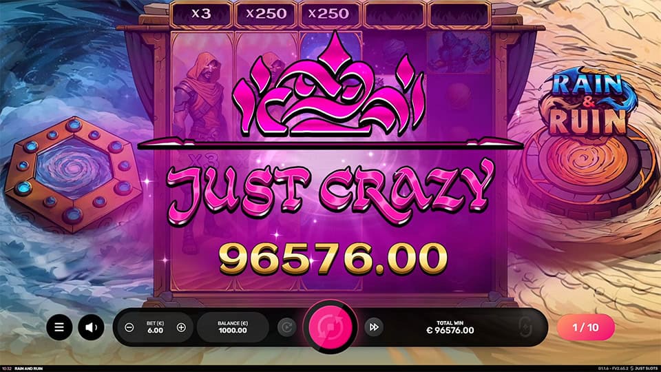 Just Crazy Win banner glowing in purple with massive multipliers above the reels and elemental artwork in the background.