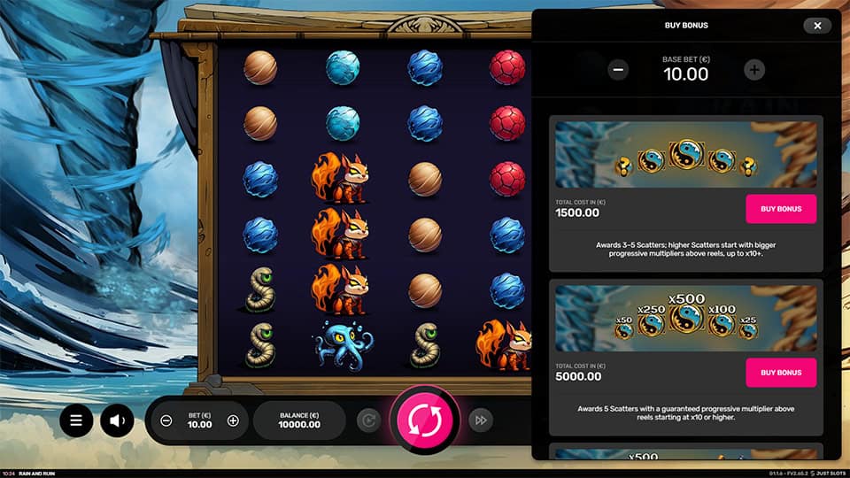 Bonus buy menu displaying options to purchase different scatter-triggered features, including progressive multipliers and guaranteed high-value reels.