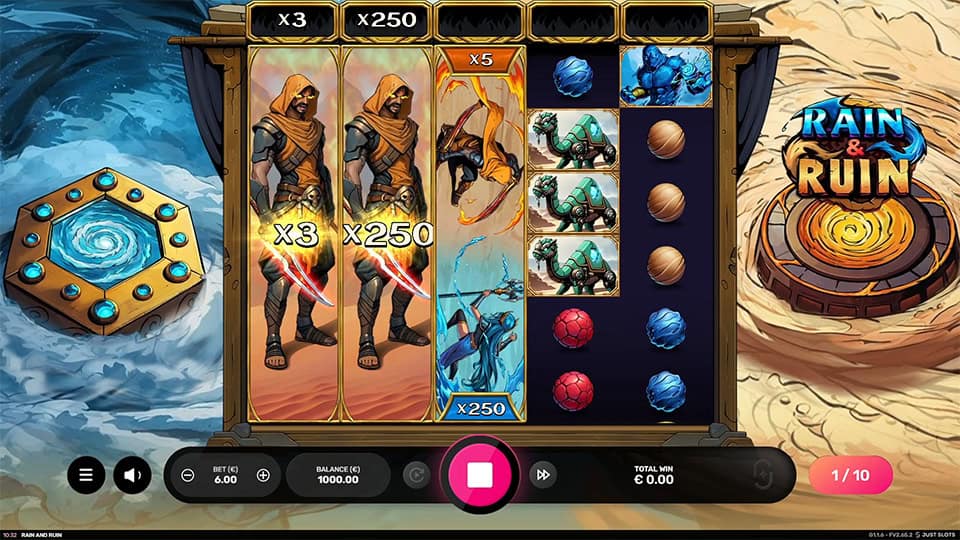 Gameplay showing stacked expanding character symbols covering reels with multipliers, enhancing winning combinations.