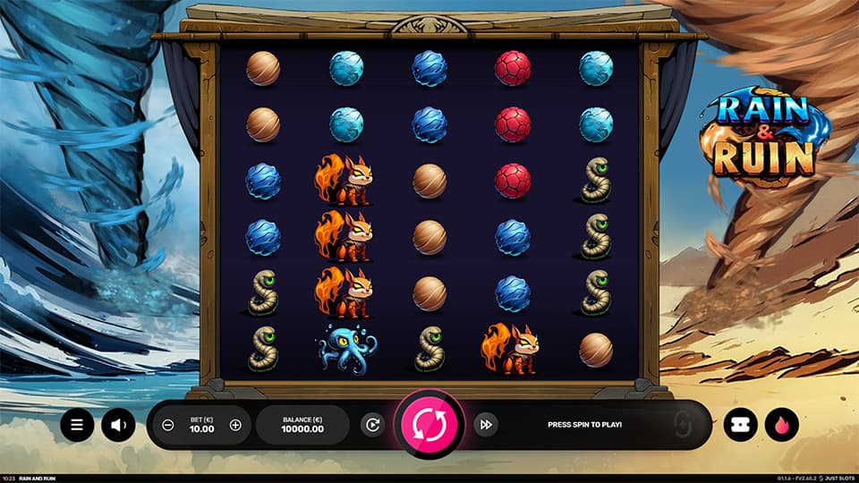 Gameplay grid featuring elemental creatures like fire foxes, serpents and glowing orbs, with a storm and sand tornado raging in the background.