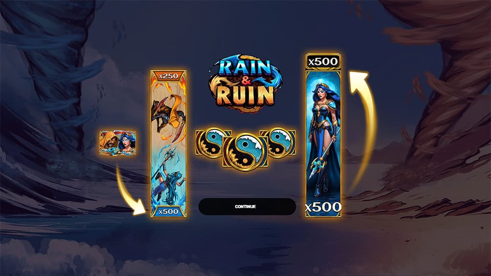 Intro screen showing Rain & Ruin logo alongside scatter mechanics and heroes with multipliers, highlighting the elemental battle theme.