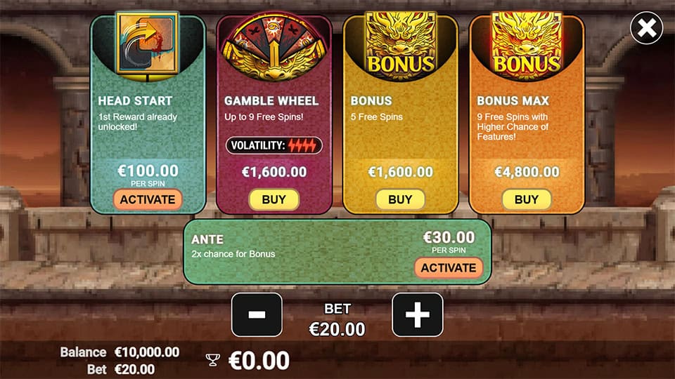 Feature buy menu with selectable options like Bonus Max, Gamble Wheel and Ante boost.