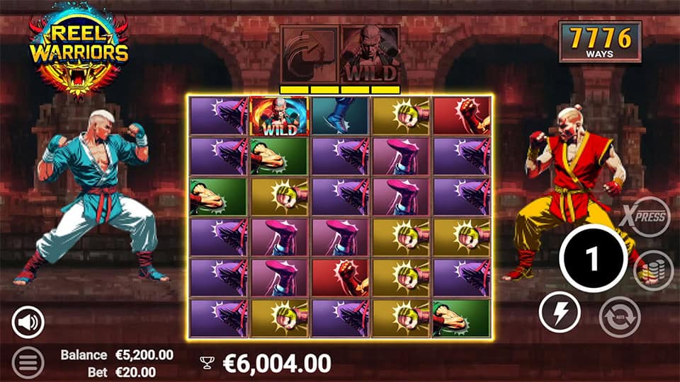 Reel filled with matching symbols and a Wild icon showing the blue martial artist fighter.