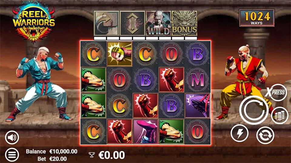 Slot grid with symbols like fists, boots and martial arts letters, framed by two fighters.