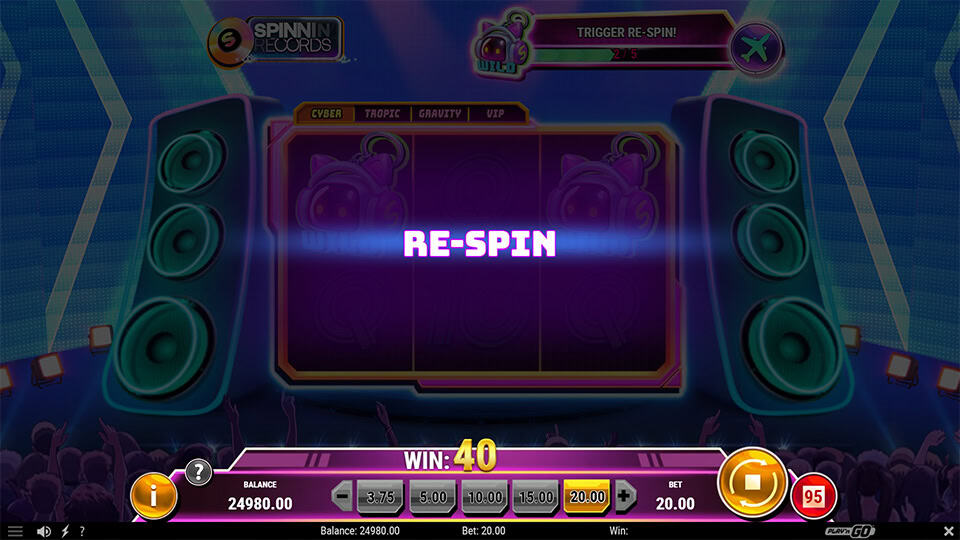 Re-spin screen with glowing text and a darkened slot background, triggered during bonus progression.