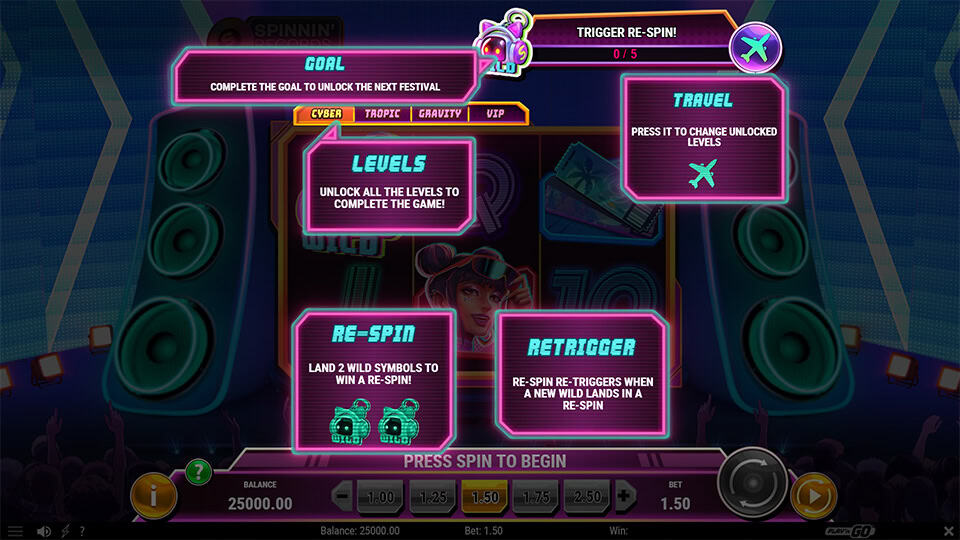 Slot grid with wild symbols, speakers, gift boxes and party-themed icons in a festival setting.