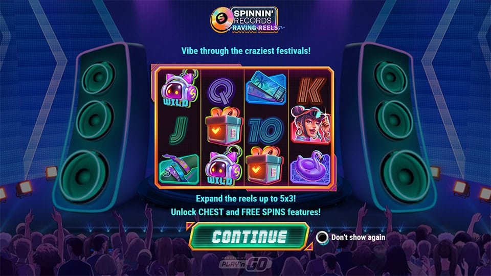 Intro screen explaining how to unlock chests, trigger free spins and expand the reels up to 5x3.