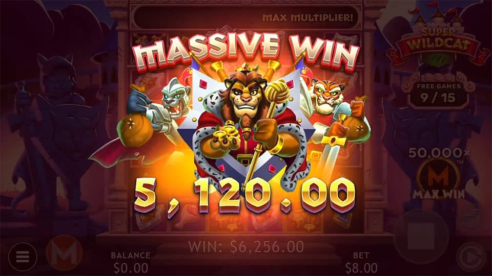 Massive Win banner with lion king cat and his army in front of a golden flag.