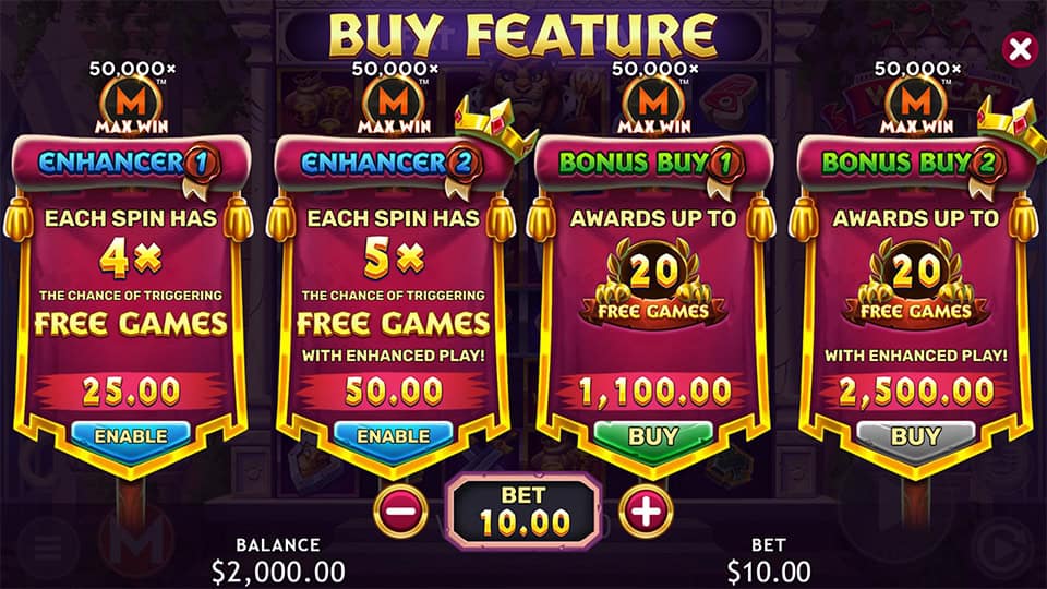 Buy feature screen showing enhancers and free spins packages with max win icon.