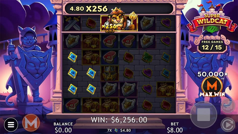 FatCat character with x256 multiplier visible during free spins round.