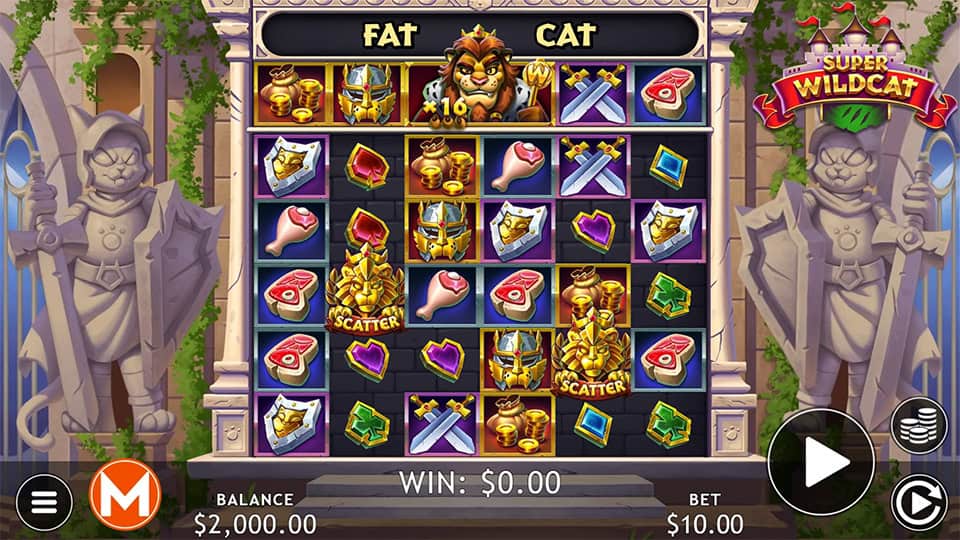 Slot grid with meat, shields, swords and golden cat scatter symbols in a medieval hall.