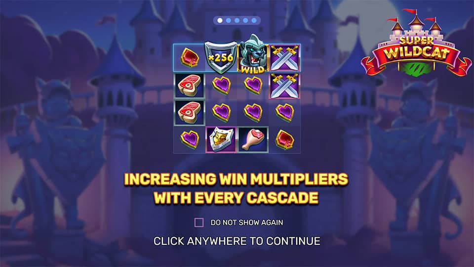 Intro screen with cascading win mechanic, wild symbol and x256 shield multiplier.