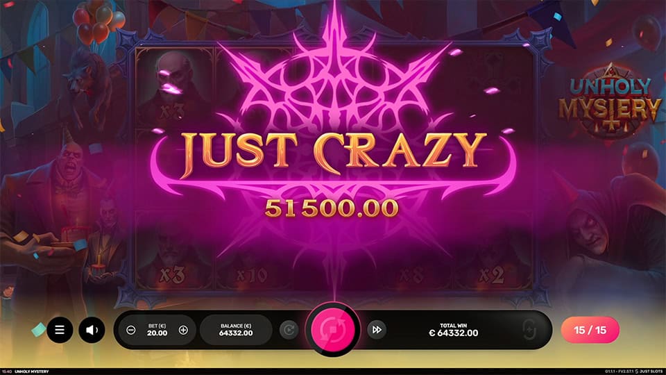 “Just Crazy” banner in jagged pink letters with glowing effect, overlaying a win scene with eerie party-goers and gothic decorations.