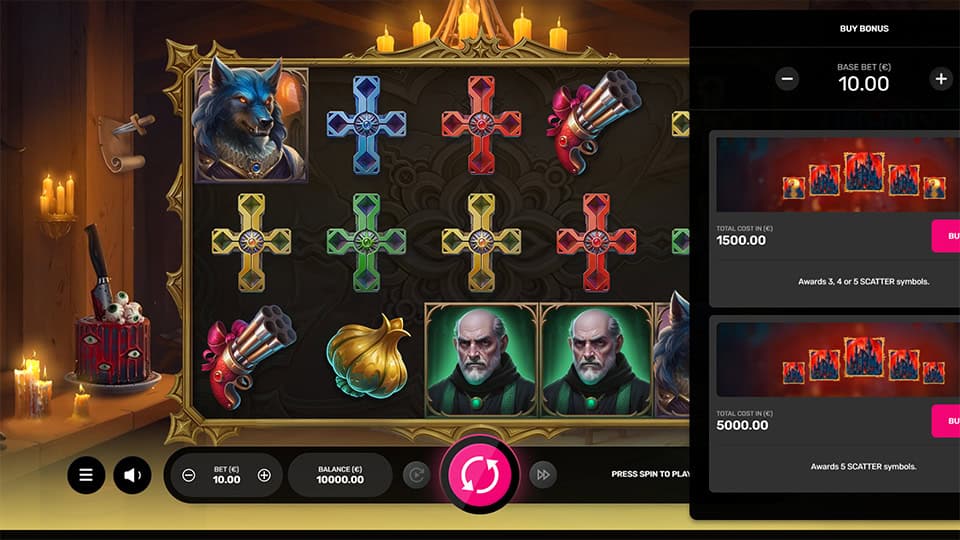 Feature purchase menu offering different scatter combinations to trigger the bonus round instantly, shown beside the main game reels.