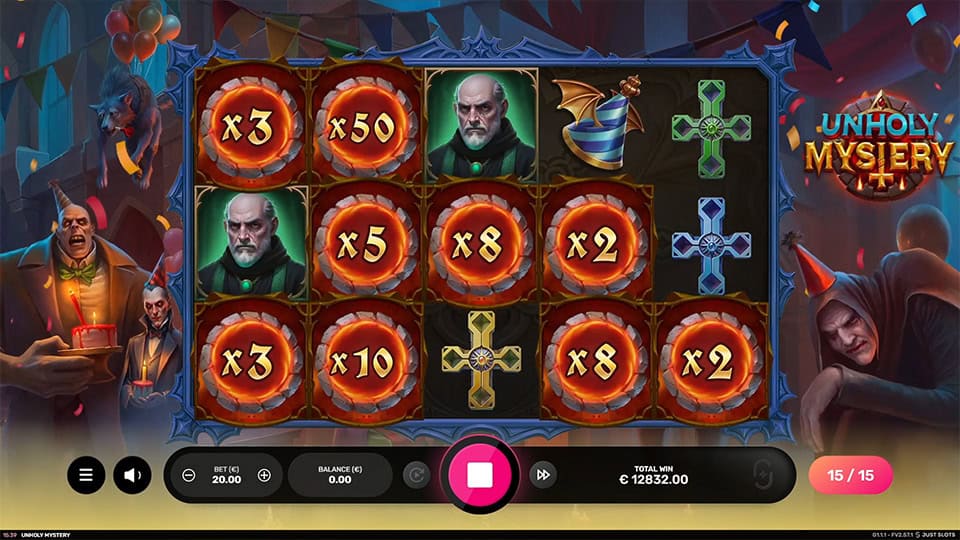 Bonus feature round with locked mystery symbols displaying various multipliers on a dark, sinister party backdrop.