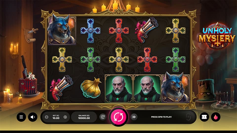 Main game screen featuring gothic symbols including crosses, werewolves, pistols and sinister characters, framed by candlelit wooden walls.