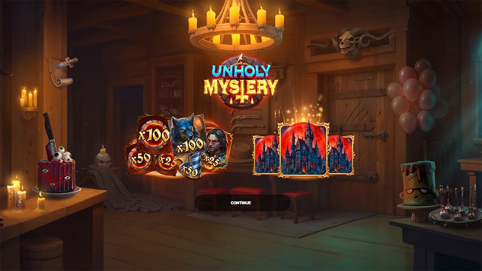 Intro screen showcasing Unholy Mystery logo with main features: high-value werewolf and villain symbols and scatter-triggered bonus rounds.
