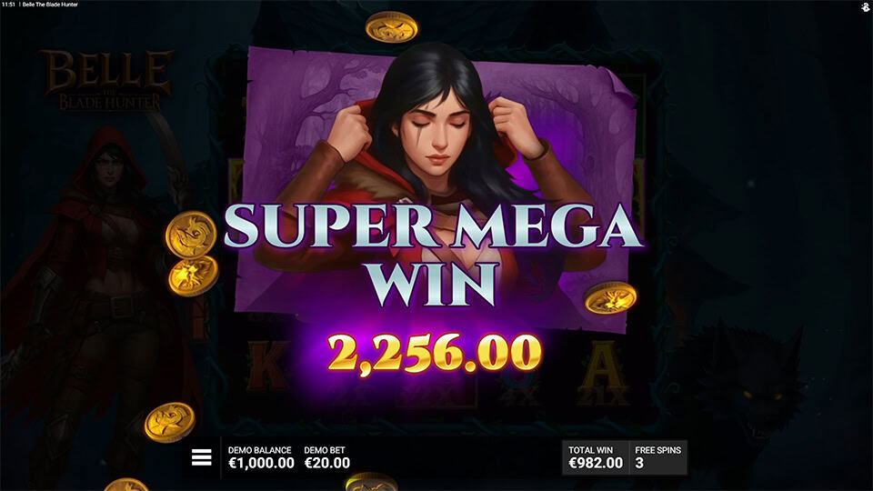 Belle the Blade Hunter slot super mega win screen with Belle character in red hood surrounded by golden coins.