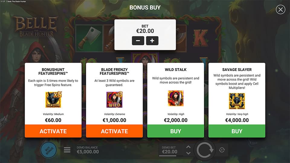 Belle the Blade Hunter slot bonus buy menu with feature options like Bonushunt, Blade Frenzy, Wild Stalkand Savage Slayer.