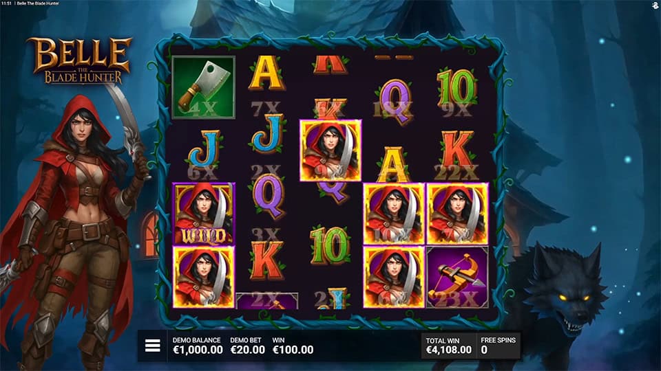 Belle the Blade Hunter slot reels showing multiple Belle wild symbols across the grid with glowing highlights.