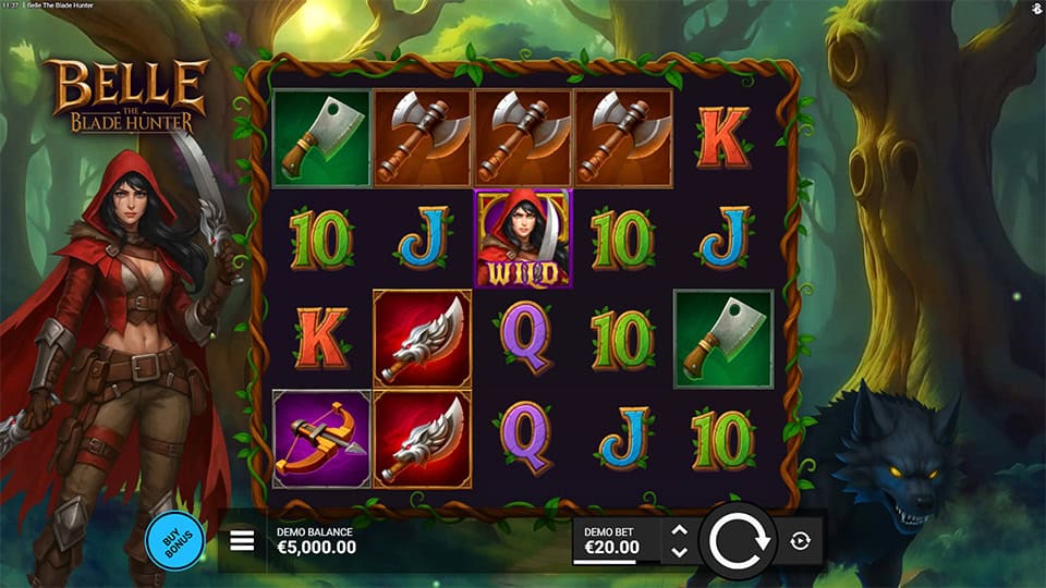 Belle the Blade Hunter slot grid with axes, crossbowsand Belle wild symbols, set in a forest with a lurking wolf.