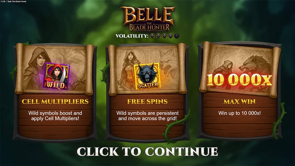 Belle the Blade Hunter slot intro screen highlighting wild multipliers, free spins with wolf scattersand max win up to 10,000x.