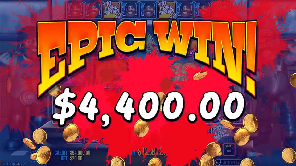 Huge “Epic Win” text splattered in blood-red across the screen with coins flying and payout displayed.