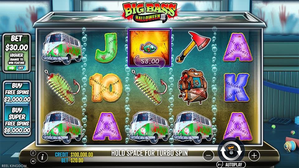 Main reels with horror-themed fishing symbols such as zombie vans, stitched letters, axesand backpacks, alongside bonus buy buttons on the side.