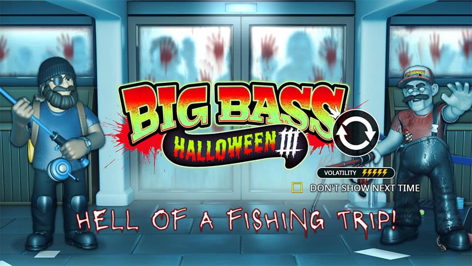 Intro screen with Big Bass Halloween 3 logo, zombie fisherman characters, bloody handprints on windowsand tagline “Hell of a Fishing Trip!”.