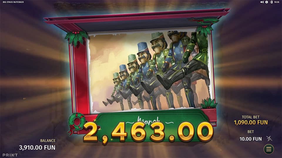 Big Stack Nutcrack win screen showing marching nutcrackers in a toy theater scene with golden win amount displayed.