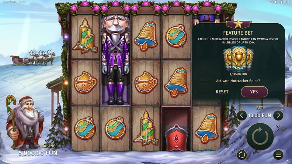 Big Stack Nutcrack feature bet window explaining potential multipliers from nutcracker symbols with bonus activation prompt.