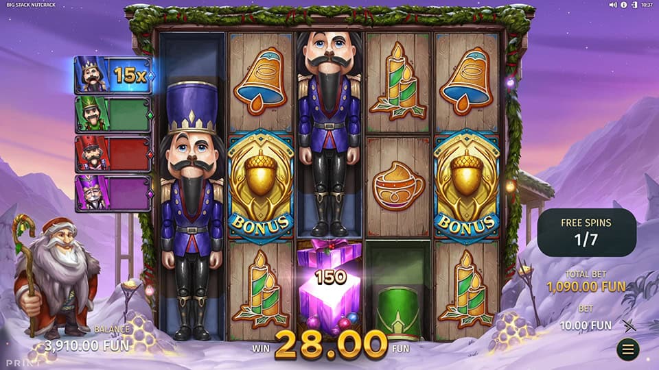Big Stack Nutcrack bonus round with full nutcracker reels, purple prize box, and active 15x multiplier display.