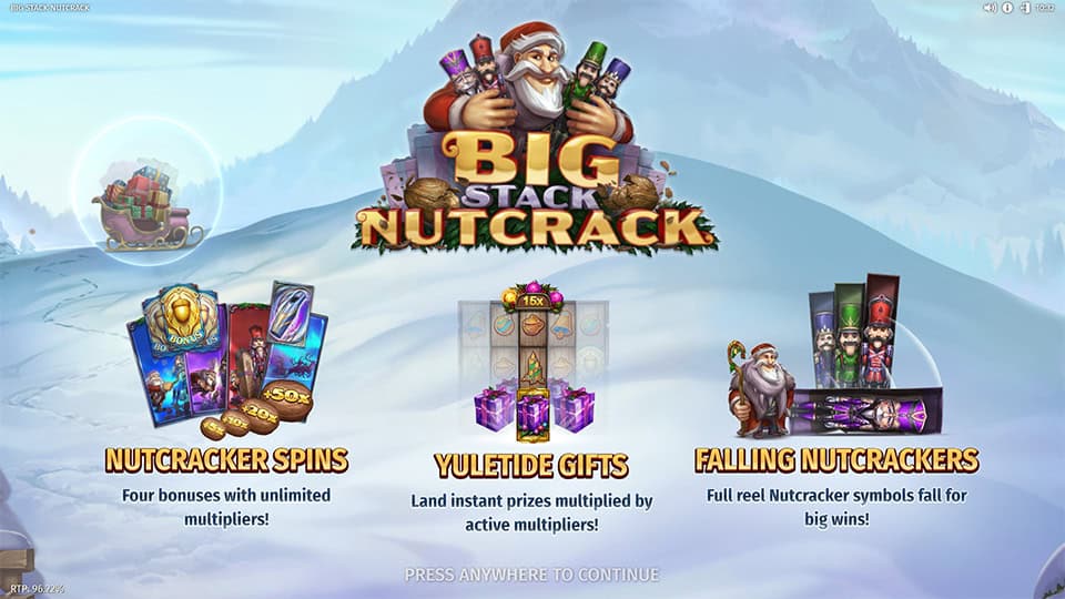 Big Stack Nutcrack intro screen featuring Nutcracker Spins, Yuletide Gifts, and Falling Nutcrackers bonuses.